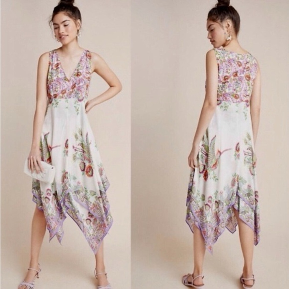 Anthropologie Analise Floral Hummingbird Handkerchief Midi Dress Size 4 Bohemian